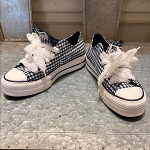 Never Worn Converse Navy and White Gingham Lace Sneakers